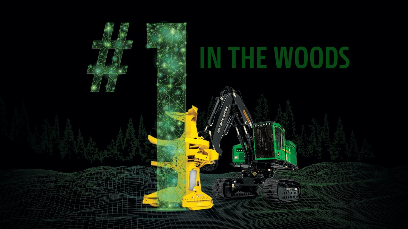 Large photo of a tracked feller buncher holding a number 1 symbol, with number one in the woods written above.